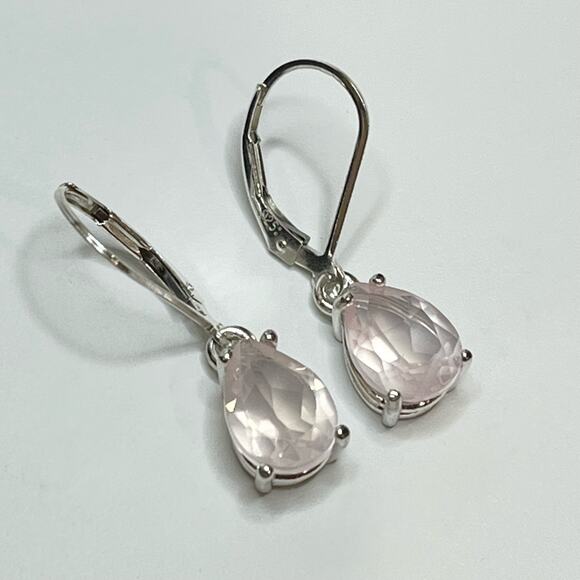 BEAUTIFUL 4ctw Pear Cut Natural Rose Quartz Earrings in Sterling Silver - Picture 2 of 7